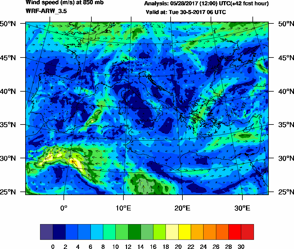 Wind speed (m/s) at 850 mb - 2017-05-30 06:00