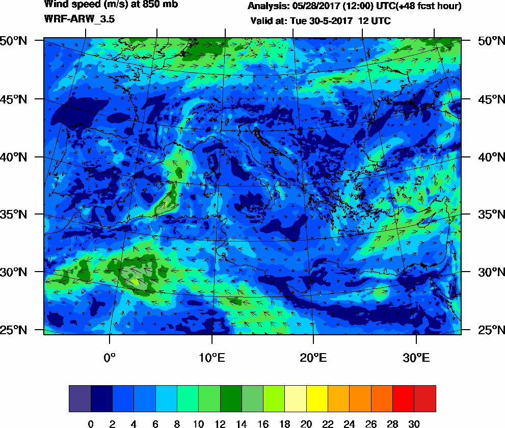 Wind speed (m/s) at 850 mb - 2017-05-30 12:00