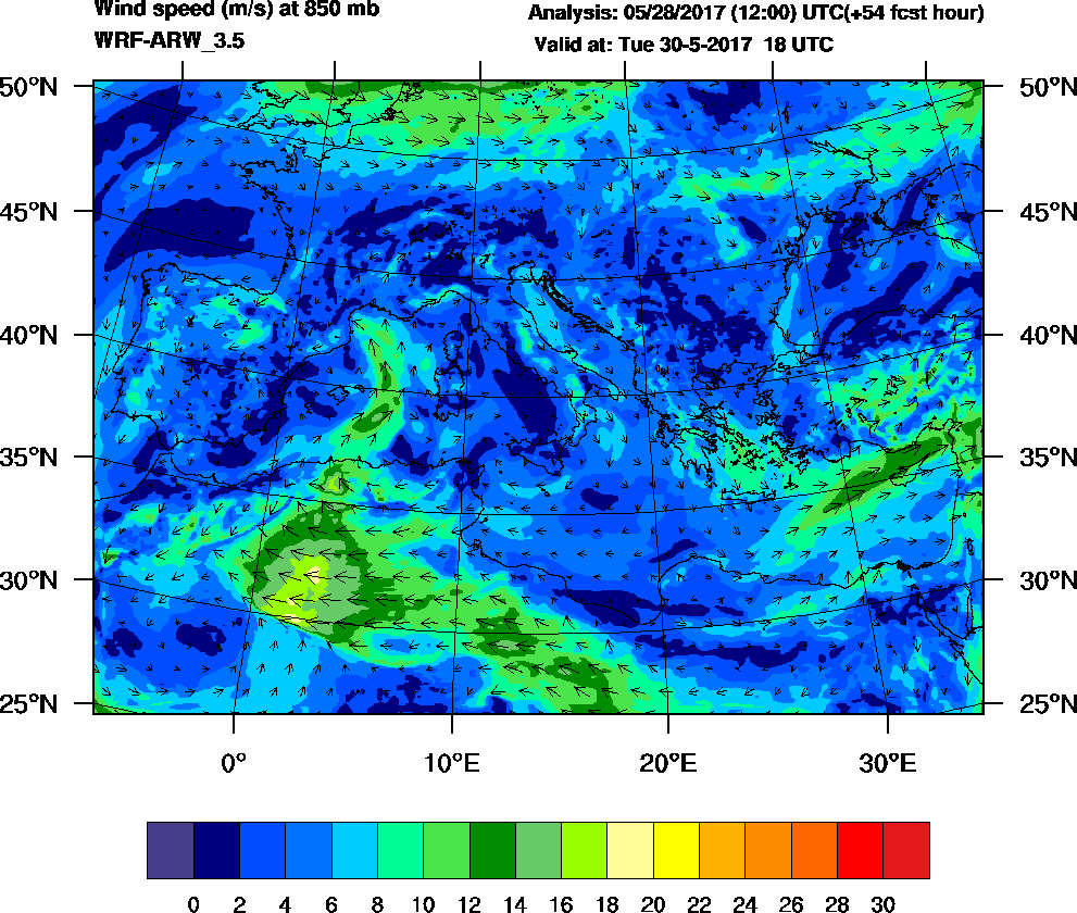 Wind speed (m/s) at 850 mb - 2017-05-30 18:00