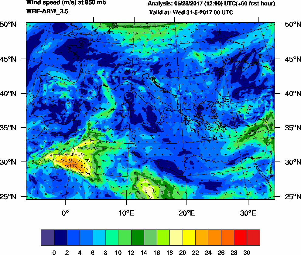 Wind speed (m/s) at 850 mb - 2017-05-31 00:00