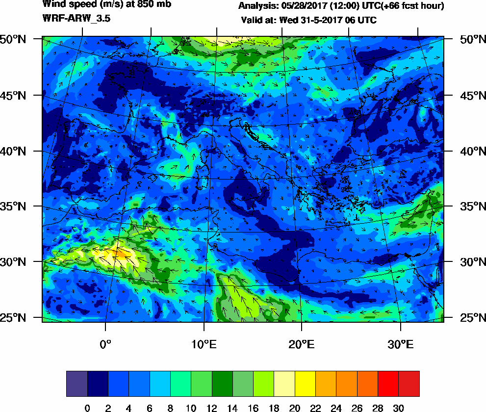 Wind speed (m/s) at 850 mb - 2017-05-31 06:00