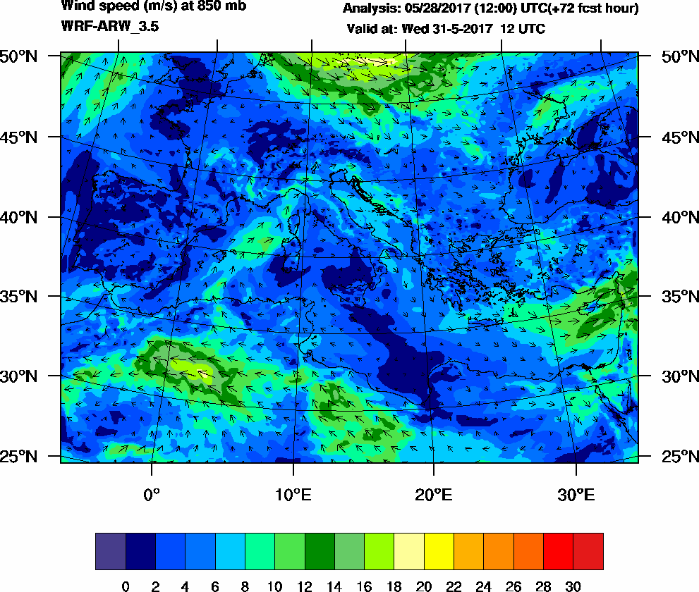 Wind speed (m/s) at 850 mb - 2017-05-31 12:00