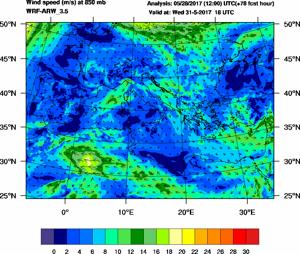 Wind speed (m/s) at 850 mb - 2017-05-31 18:00