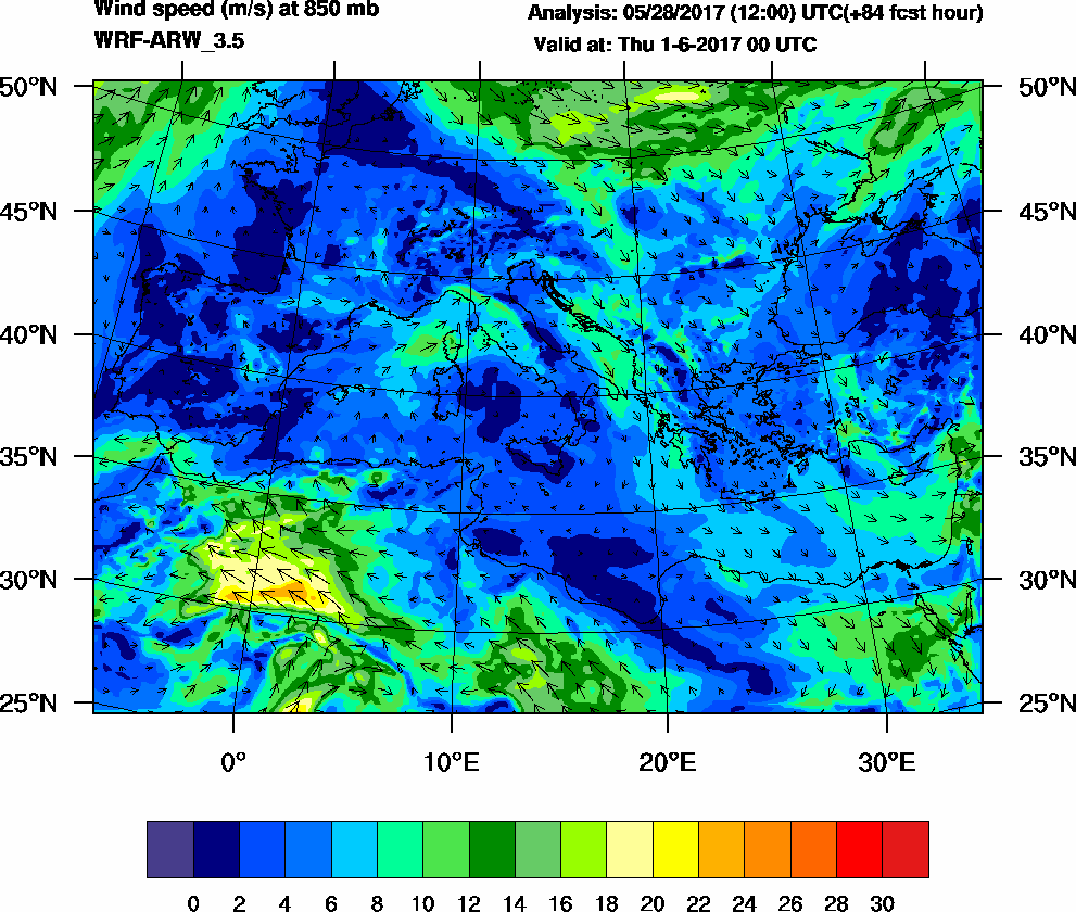 Wind speed (m/s) at 850 mb - 2017-06-01 00:00