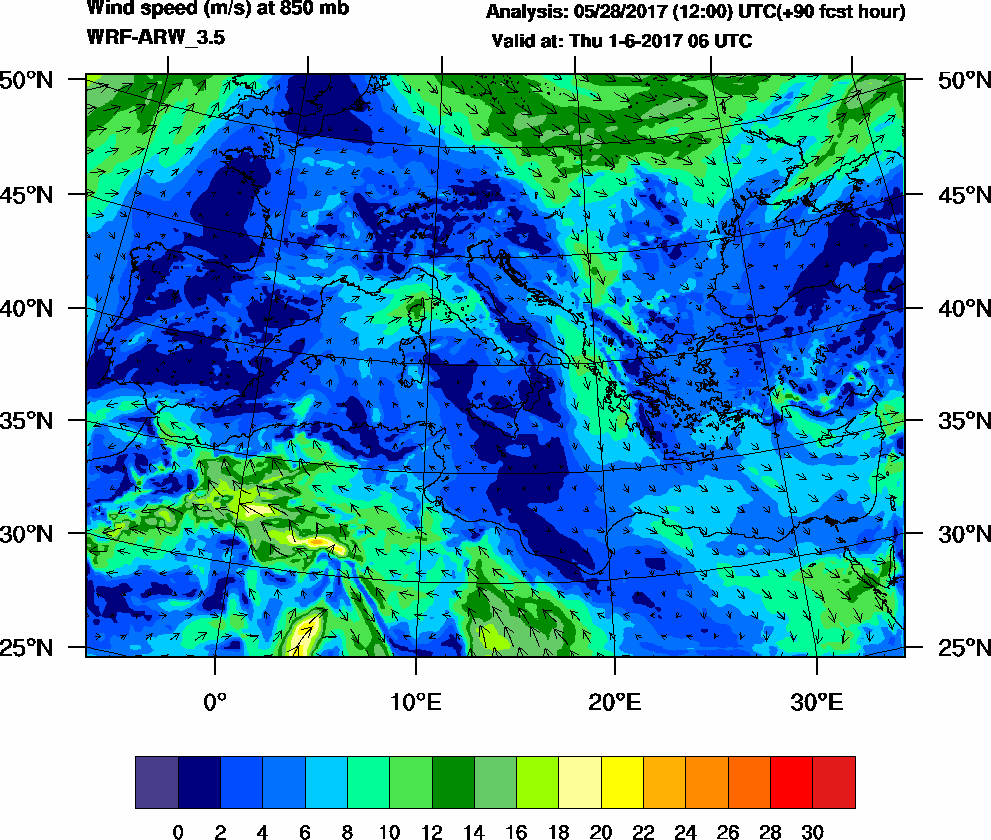 Wind speed (m/s) at 850 mb - 2017-06-01 06:00