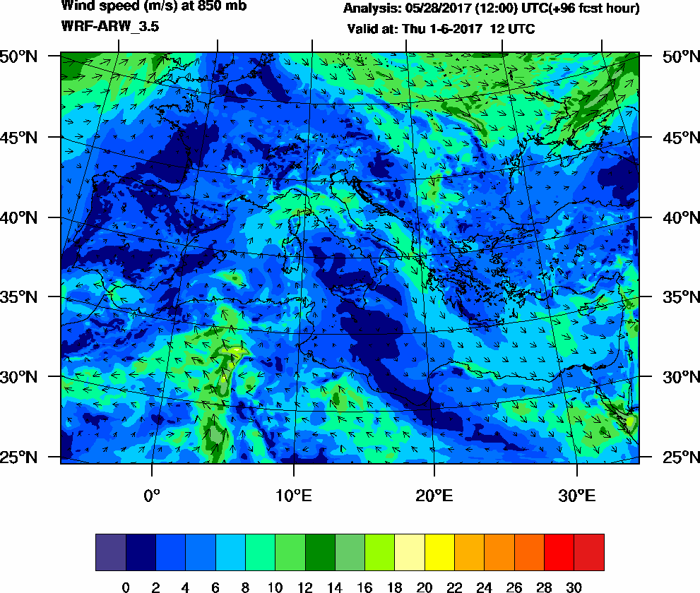 Wind speed (m/s) at 850 mb - 2017-06-01 12:00