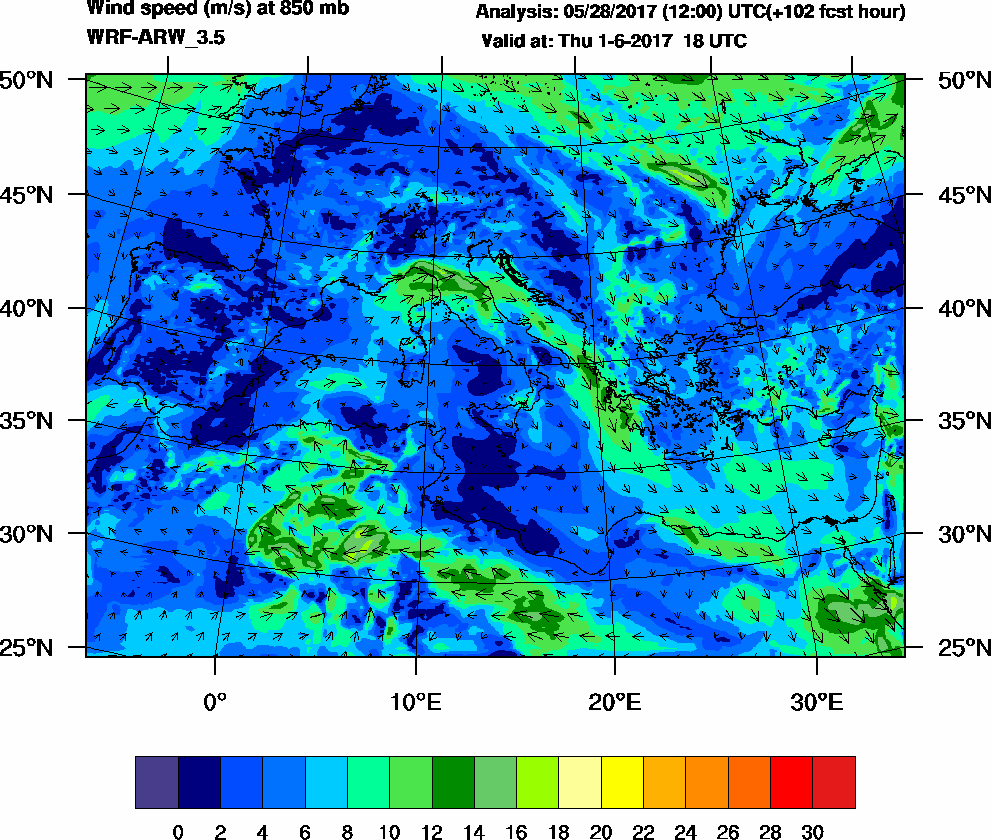 Wind speed (m/s) at 850 mb - 2017-06-01 18:00