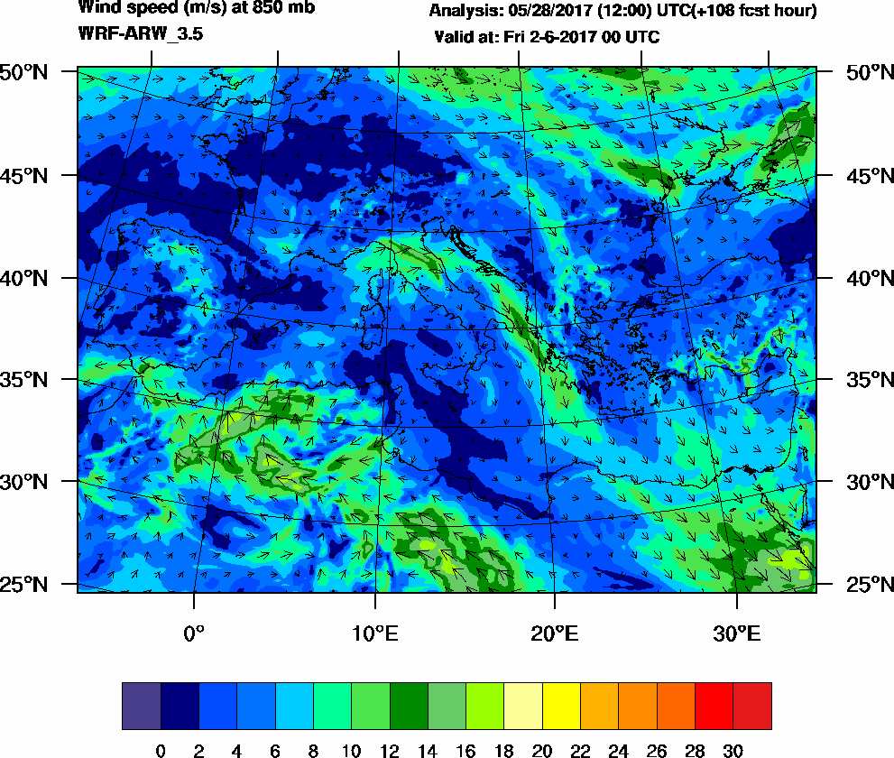 Wind speed (m/s) at 850 mb - 2017-06-02 00:00