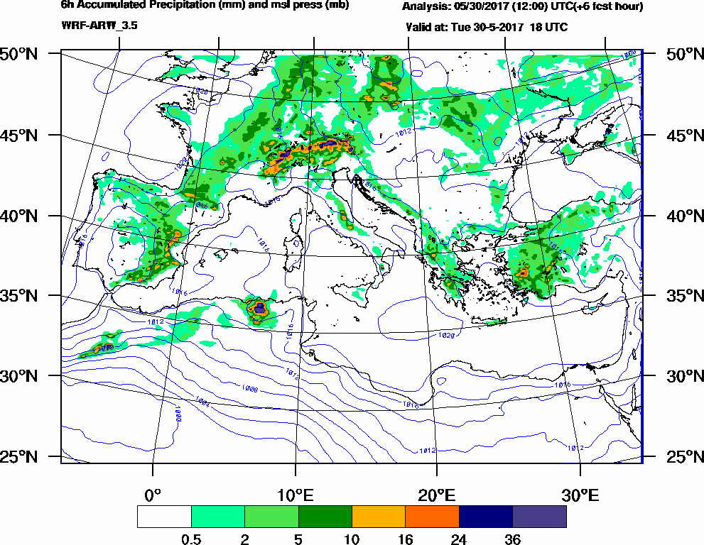 6h Accumulated Precipitation (mm) and msl press (mb) - 2017-05-30 12:00