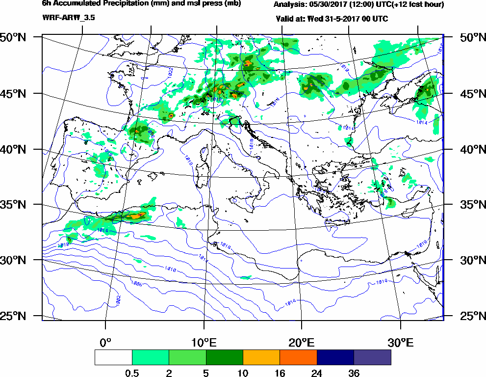 6h Accumulated Precipitation (mm) and msl press (mb) - 2017-05-30 18:00