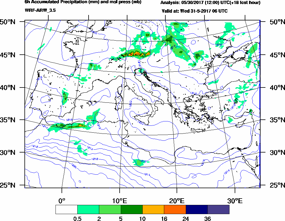 6h Accumulated Precipitation (mm) and msl press (mb) - 2017-05-31 00:00