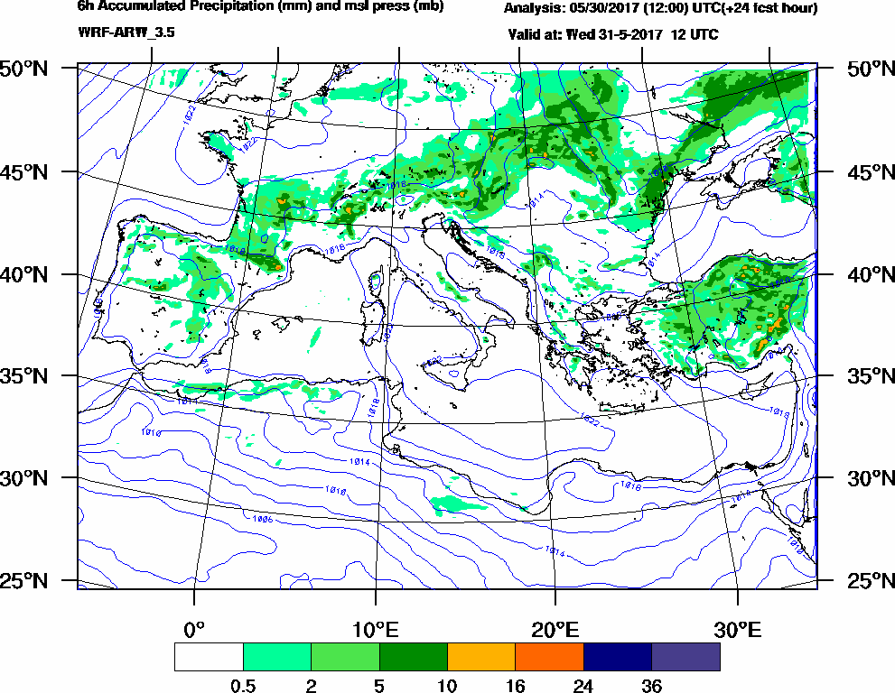 6h Accumulated Precipitation (mm) and msl press (mb) - 2017-05-31 06:00