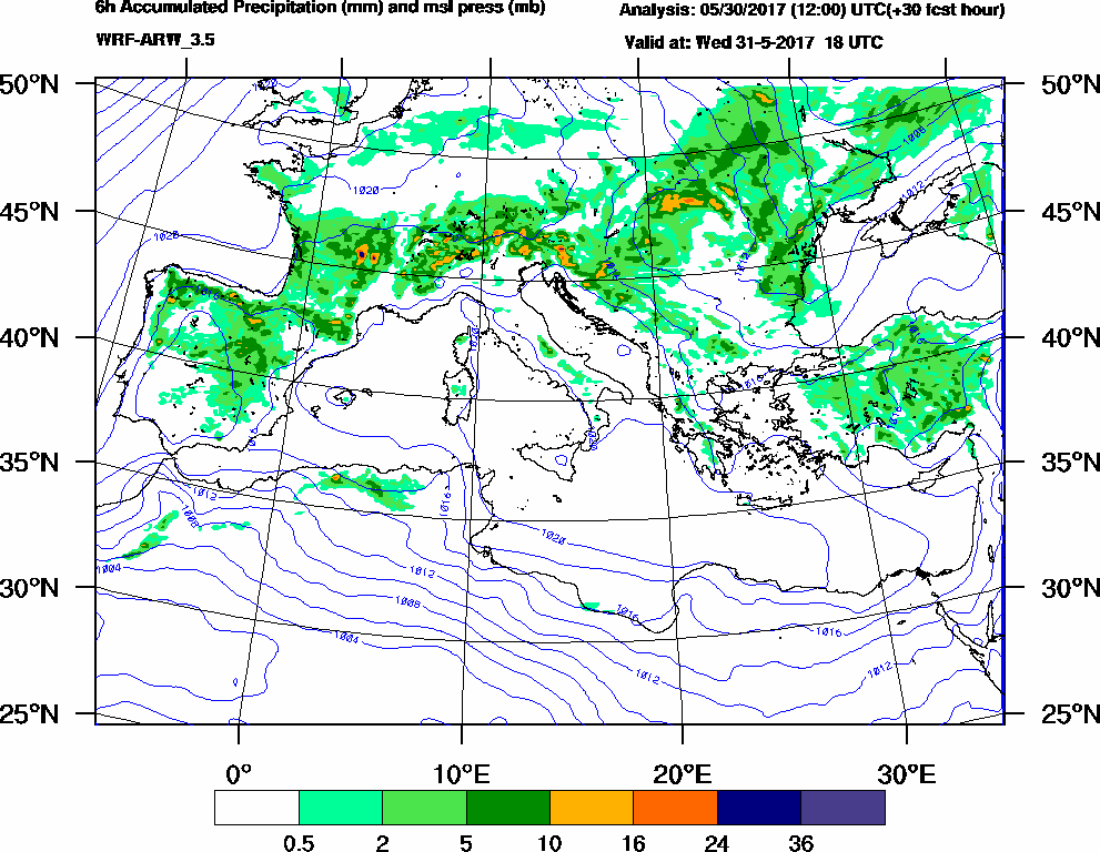 6h Accumulated Precipitation (mm) and msl press (mb) - 2017-05-31 12:00