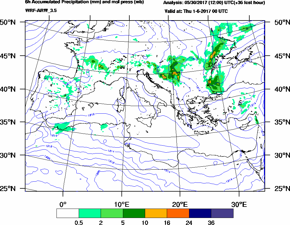 6h Accumulated Precipitation (mm) and msl press (mb) - 2017-05-31 18:00