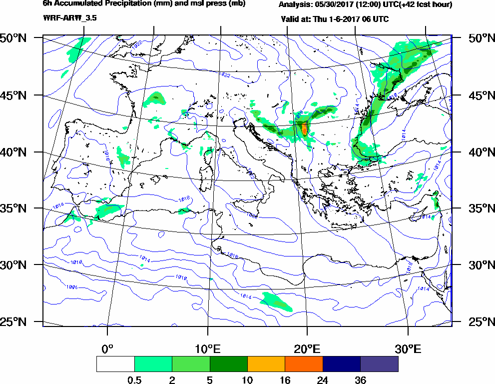 6h Accumulated Precipitation (mm) and msl press (mb) - 2017-06-01 00:00