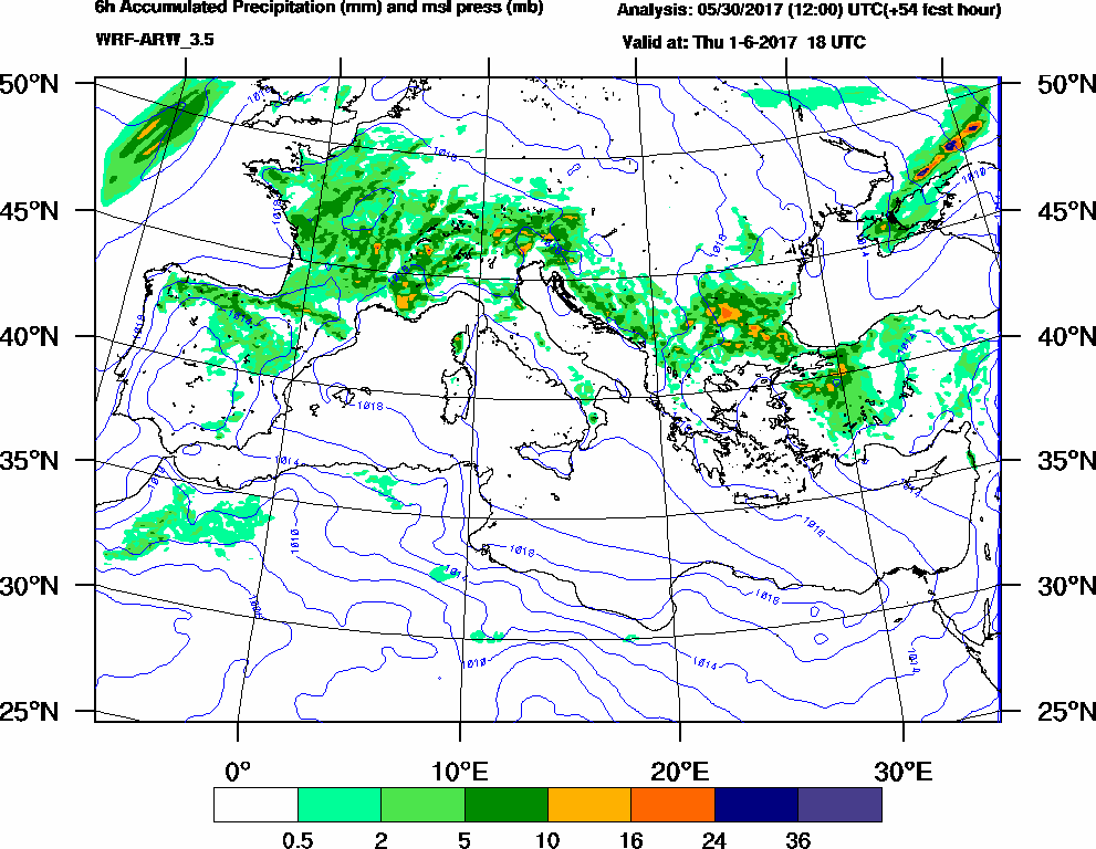 6h Accumulated Precipitation (mm) and msl press (mb) - 2017-06-01 12:00