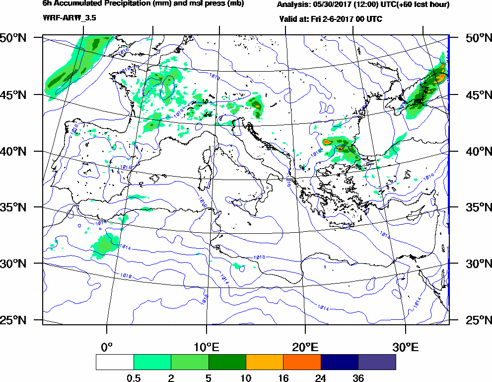 6h Accumulated Precipitation (mm) and msl press (mb) - 2017-06-01 18:00