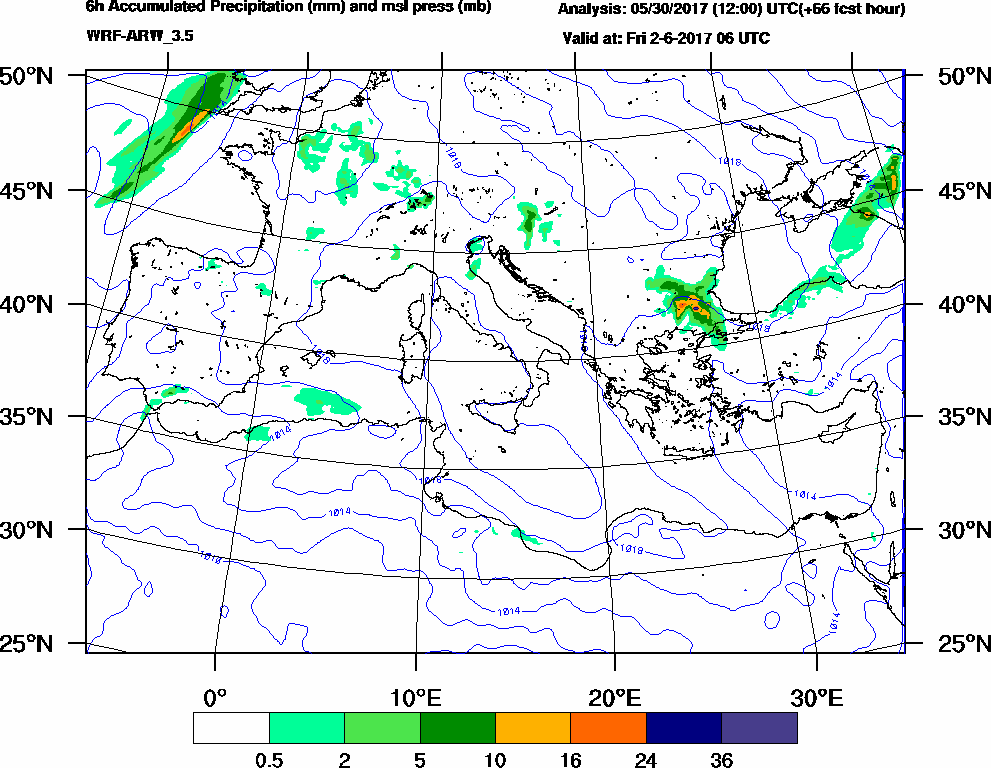 6h Accumulated Precipitation (mm) and msl press (mb) - 2017-06-02 00:00