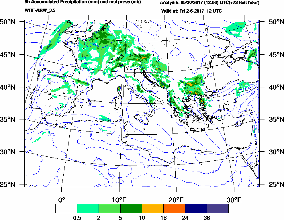 6h Accumulated Precipitation (mm) and msl press (mb) - 2017-06-02 06:00