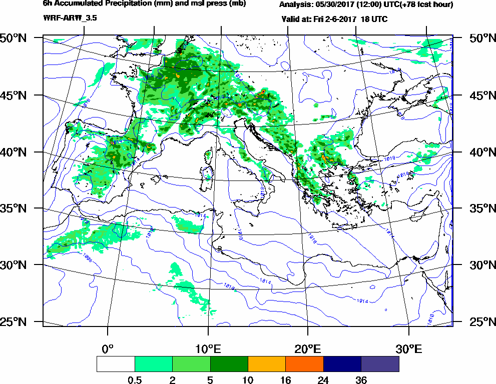 6h Accumulated Precipitation (mm) and msl press (mb) - 2017-06-02 12:00