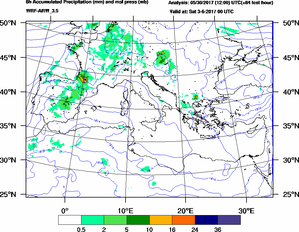 6h Accumulated Precipitation (mm) and msl press (mb) - 2017-06-02 18:00