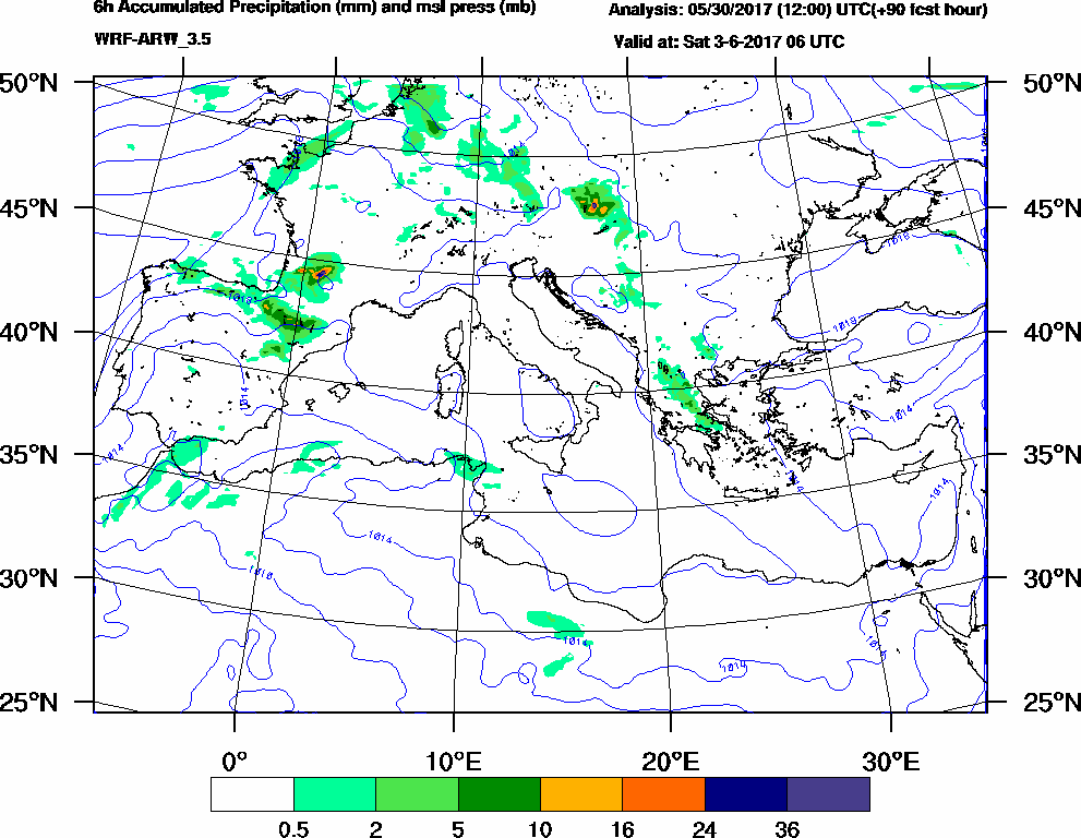 6h Accumulated Precipitation (mm) and msl press (mb) - 2017-06-03 00:00