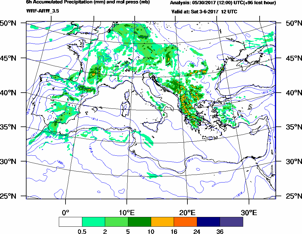 6h Accumulated Precipitation (mm) and msl press (mb) - 2017-06-03 06:00