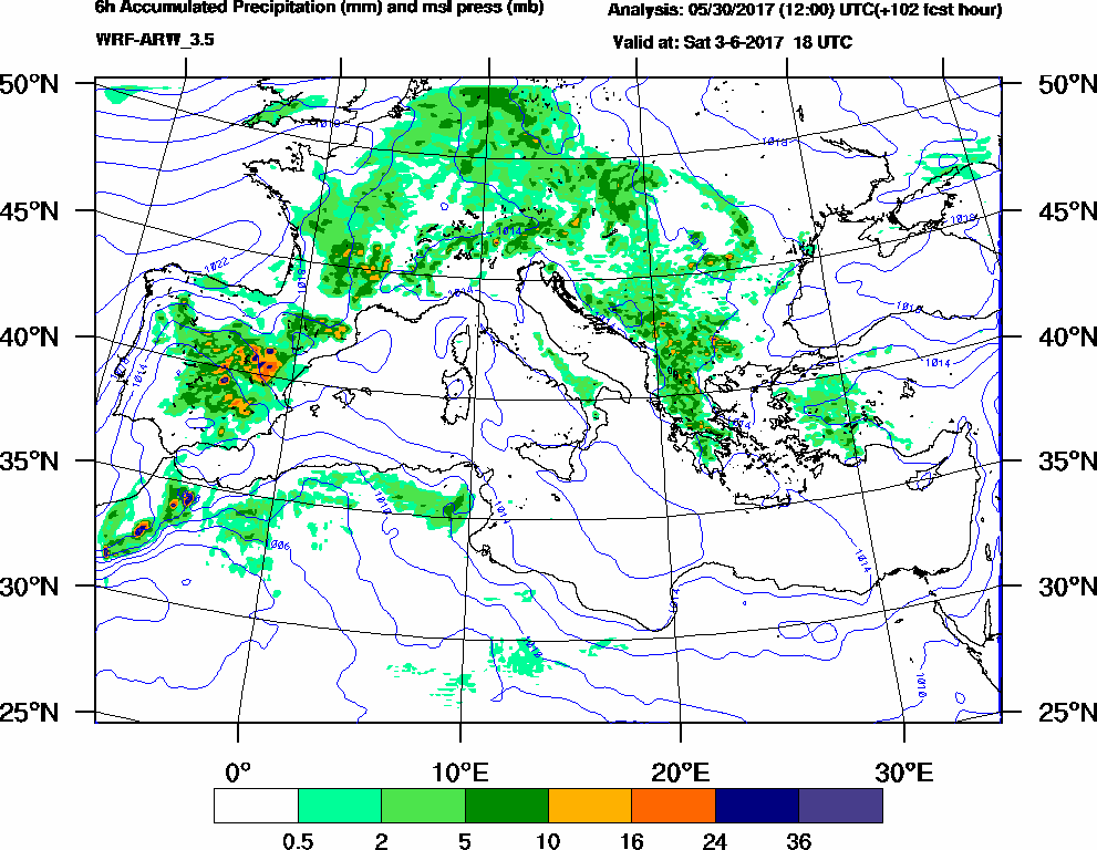 6h Accumulated Precipitation (mm) and msl press (mb) - 2017-06-03 12:00