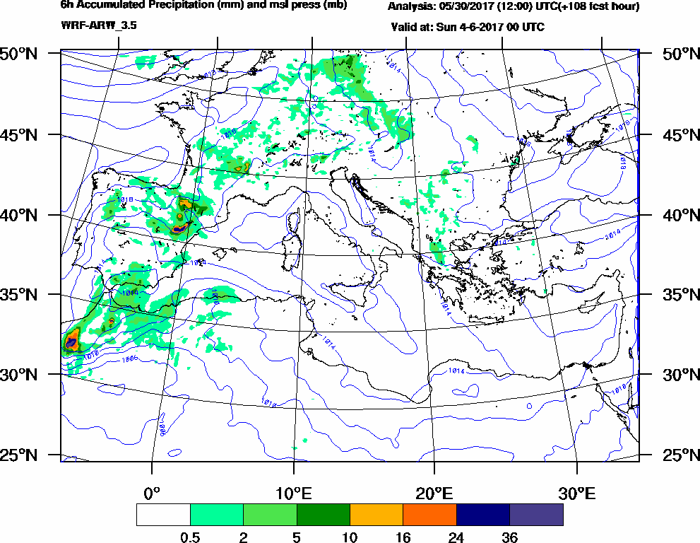 6h Accumulated Precipitation (mm) and msl press (mb) - 2017-06-03 18:00