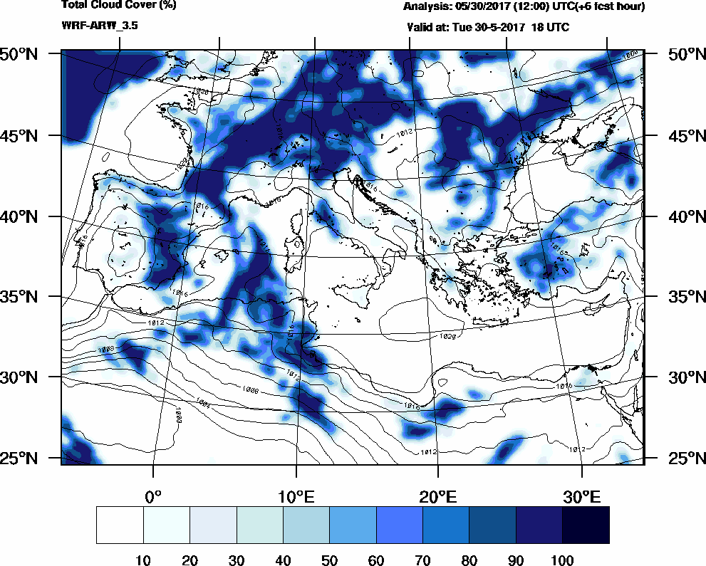Total cloud cover (%) - 2017-05-30 12:00