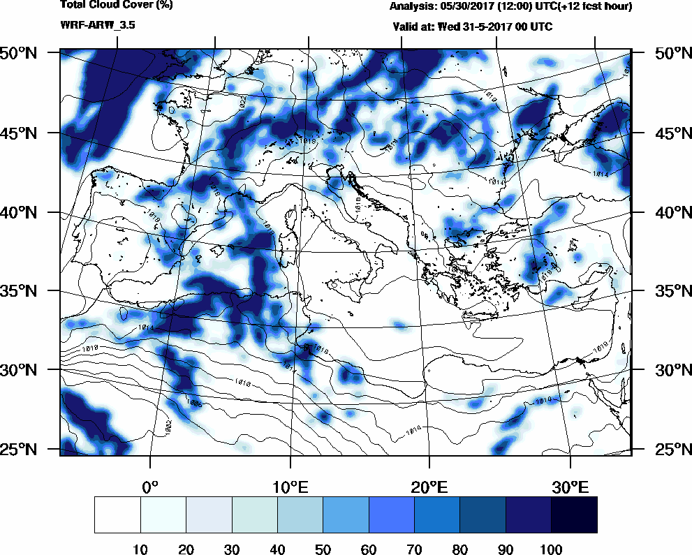 Total cloud cover (%) - 2017-05-30 18:00