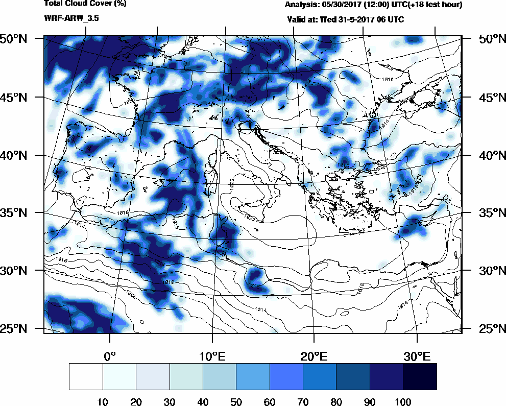 Total cloud cover (%) - 2017-05-31 00:00
