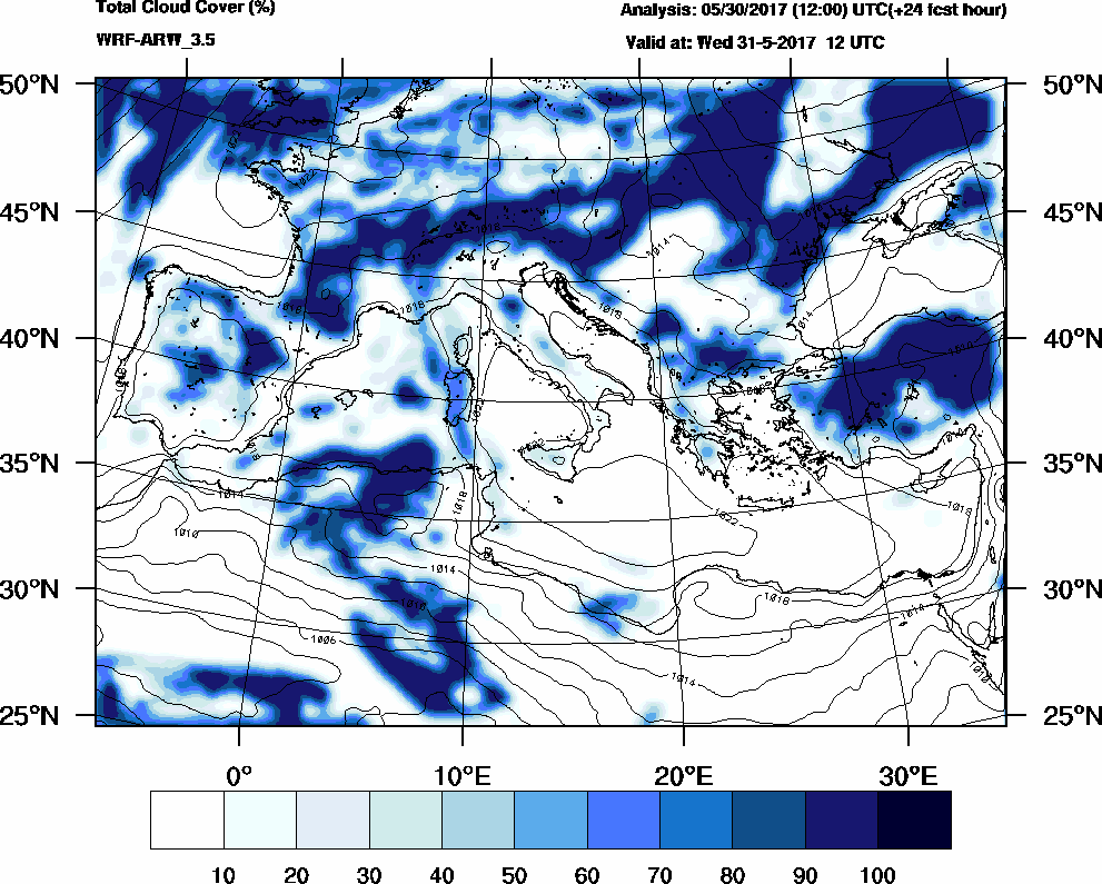 Total cloud cover (%) - 2017-05-31 06:00