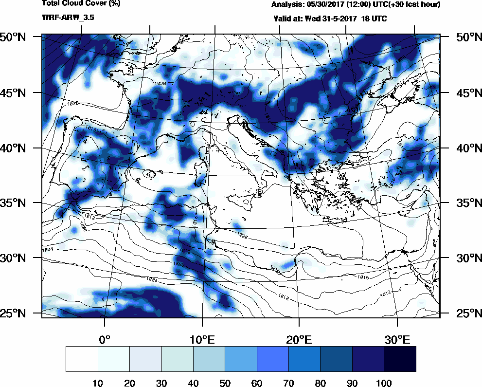 Total cloud cover (%) - 2017-05-31 12:00