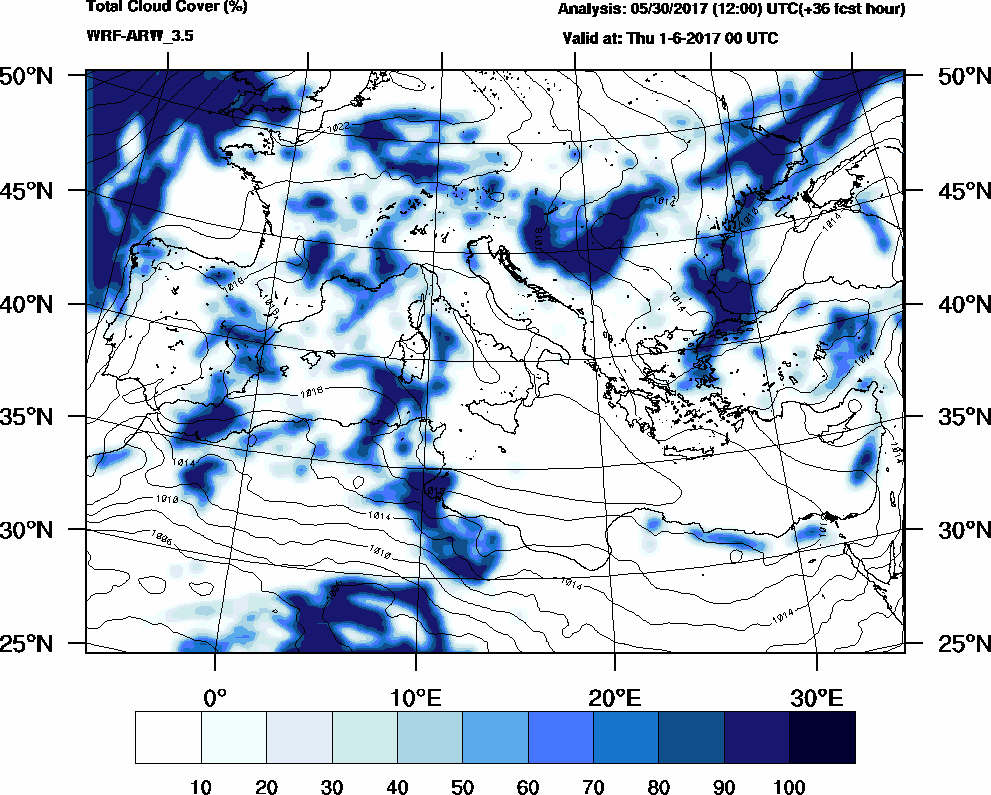 Total cloud cover (%) - 2017-05-31 18:00