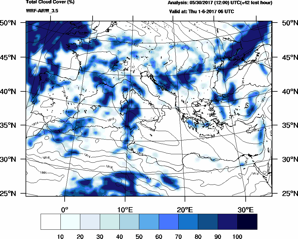 Total cloud cover (%) - 2017-06-01 00:00