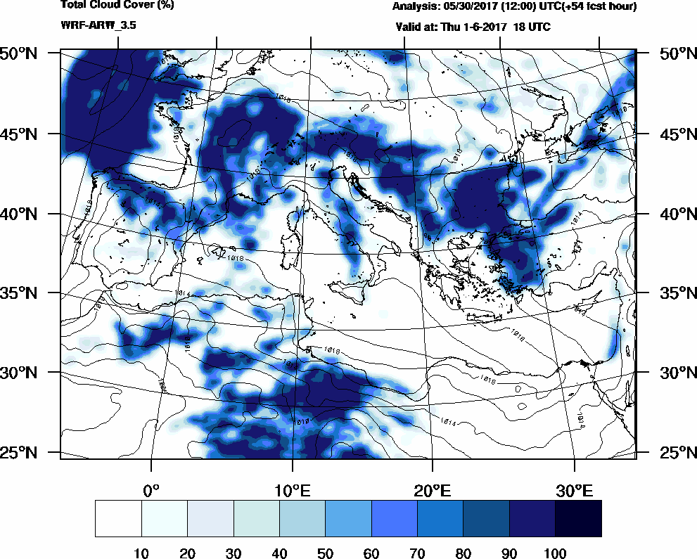 Total cloud cover (%) - 2017-06-01 12:00