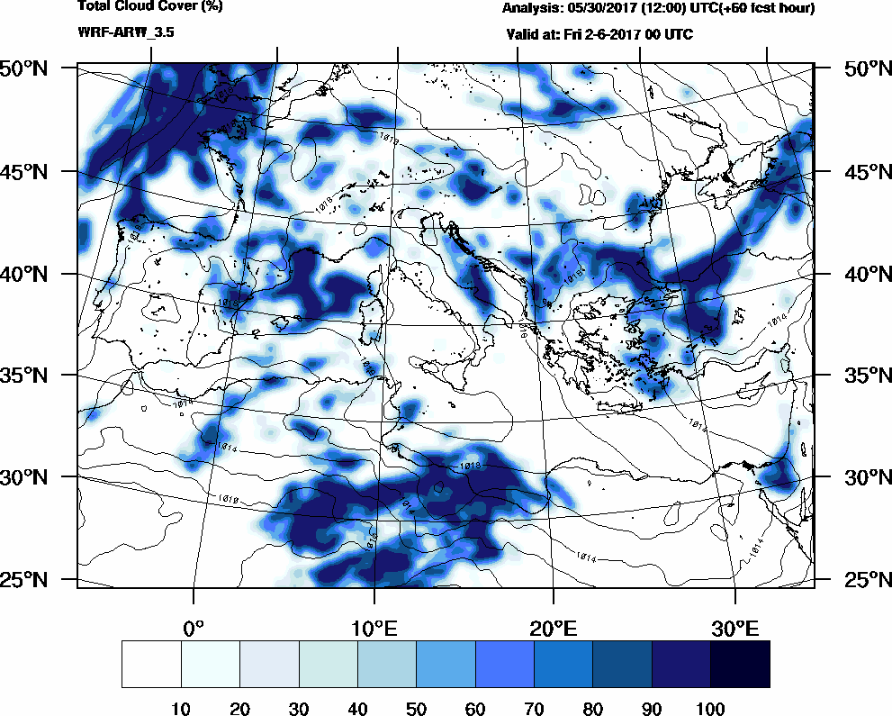 Total cloud cover (%) - 2017-06-01 18:00