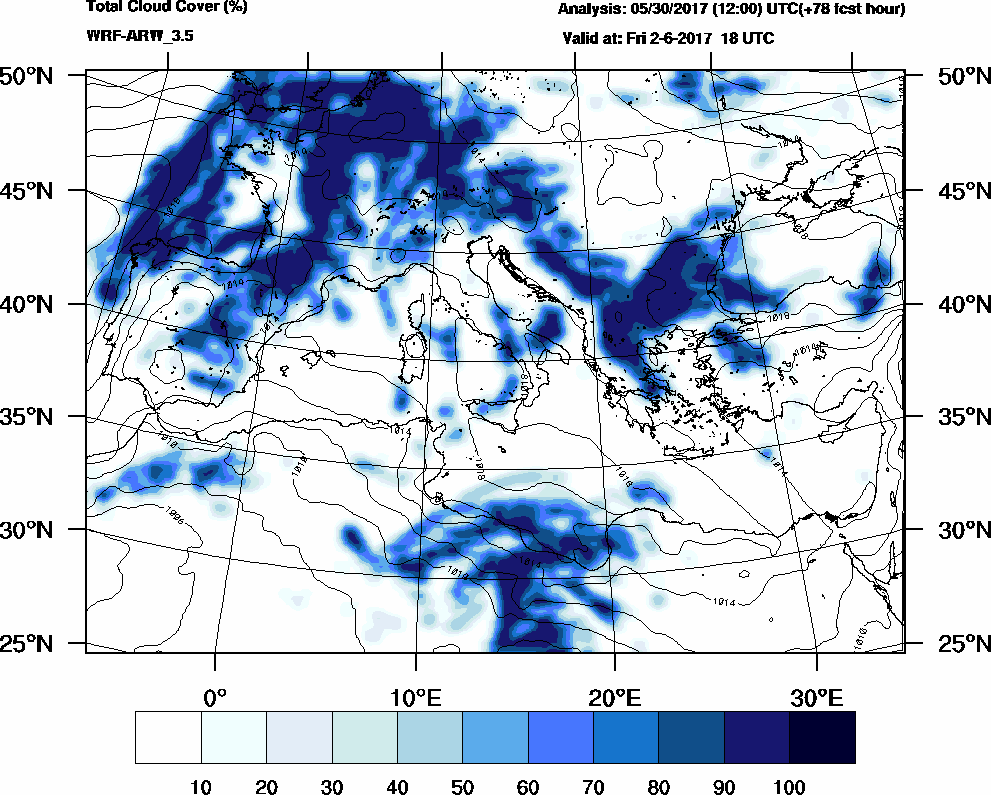 Total cloud cover (%) - 2017-06-02 12:00