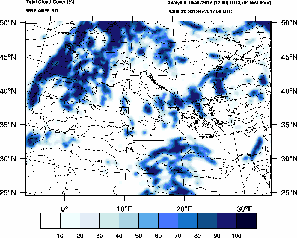 Total cloud cover (%) - 2017-06-02 18:00