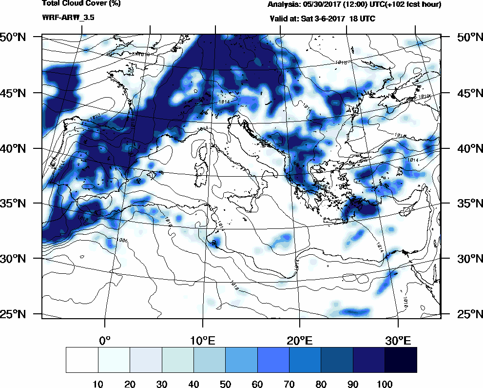 Total cloud cover (%) - 2017-06-03 12:00