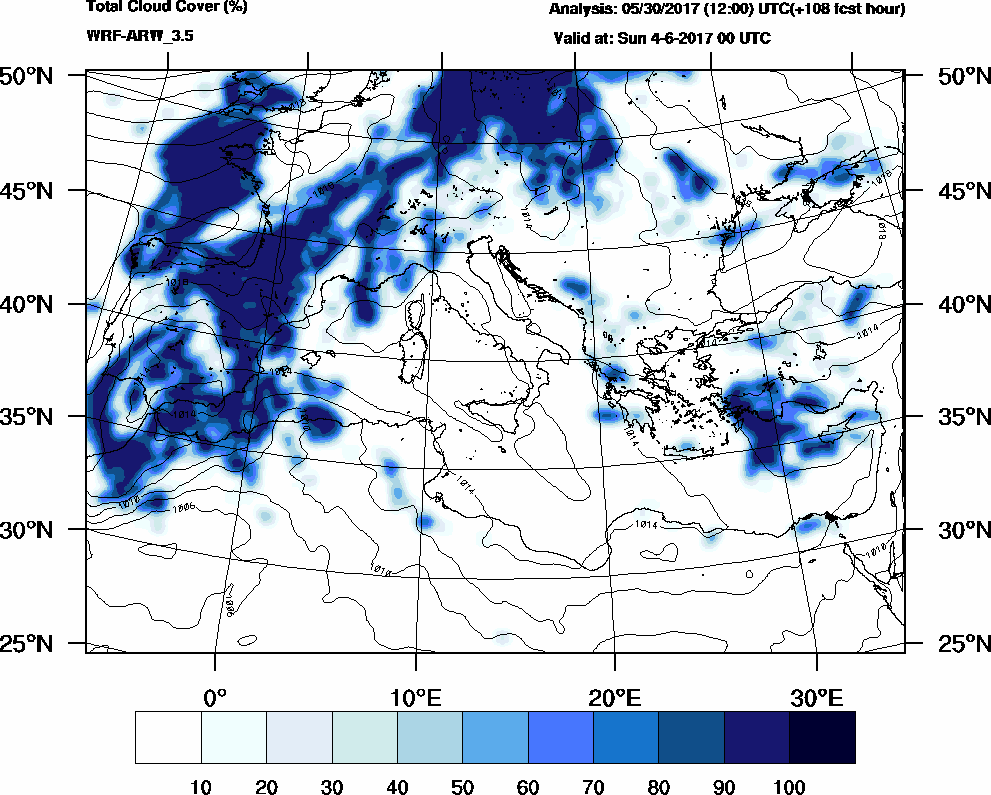 Total cloud cover (%) - 2017-06-03 18:00
