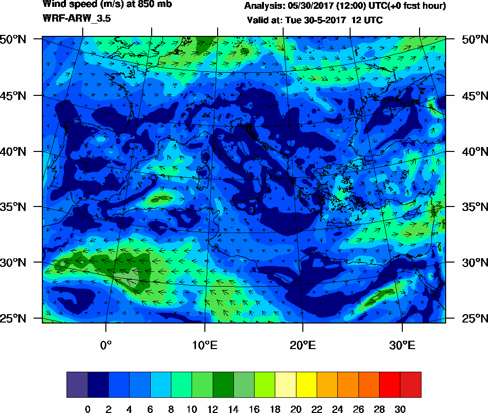 Wind speed (m/s) at 850 mb - 2017-05-30 12:00