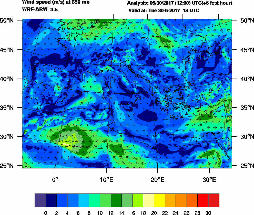 Wind speed (m/s) at 850 mb - 2017-05-30 18:00