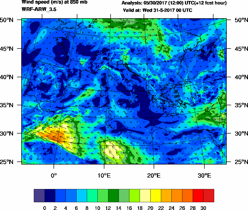 Wind speed (m/s) at 850 mb - 2017-05-31 00:00