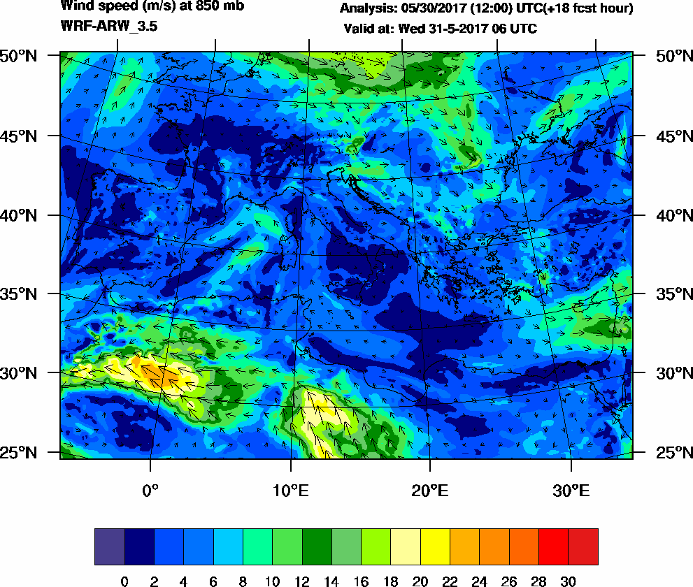 Wind speed (m/s) at 850 mb - 2017-05-31 06:00