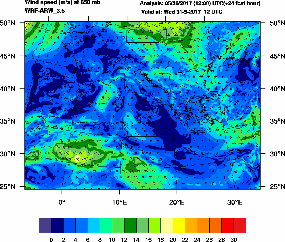 Wind speed (m/s) at 850 mb - 2017-05-31 12:00