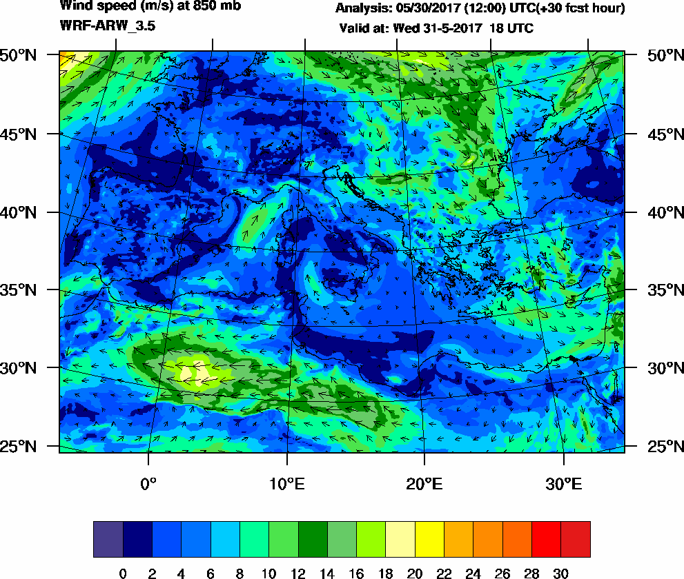 Wind speed (m/s) at 850 mb - 2017-05-31 18:00