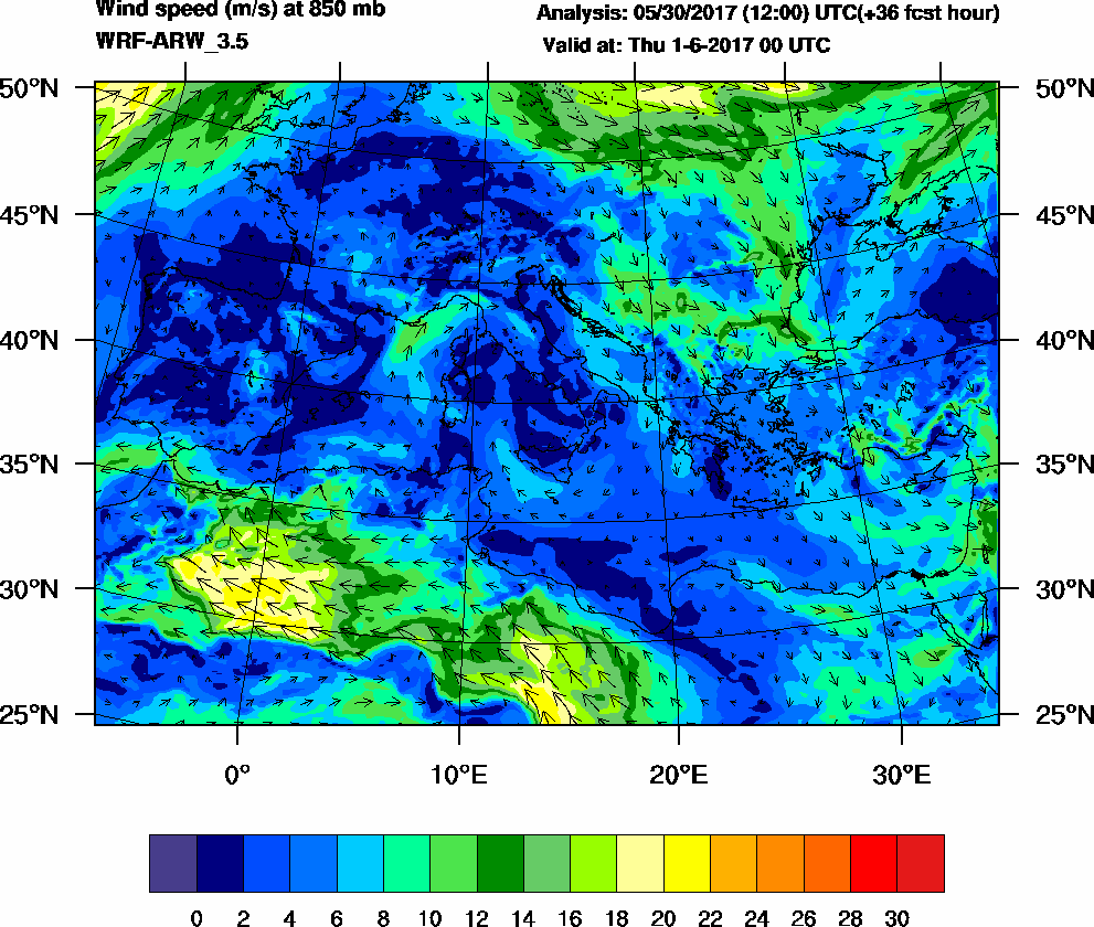 Wind speed (m/s) at 850 mb - 2017-06-01 00:00