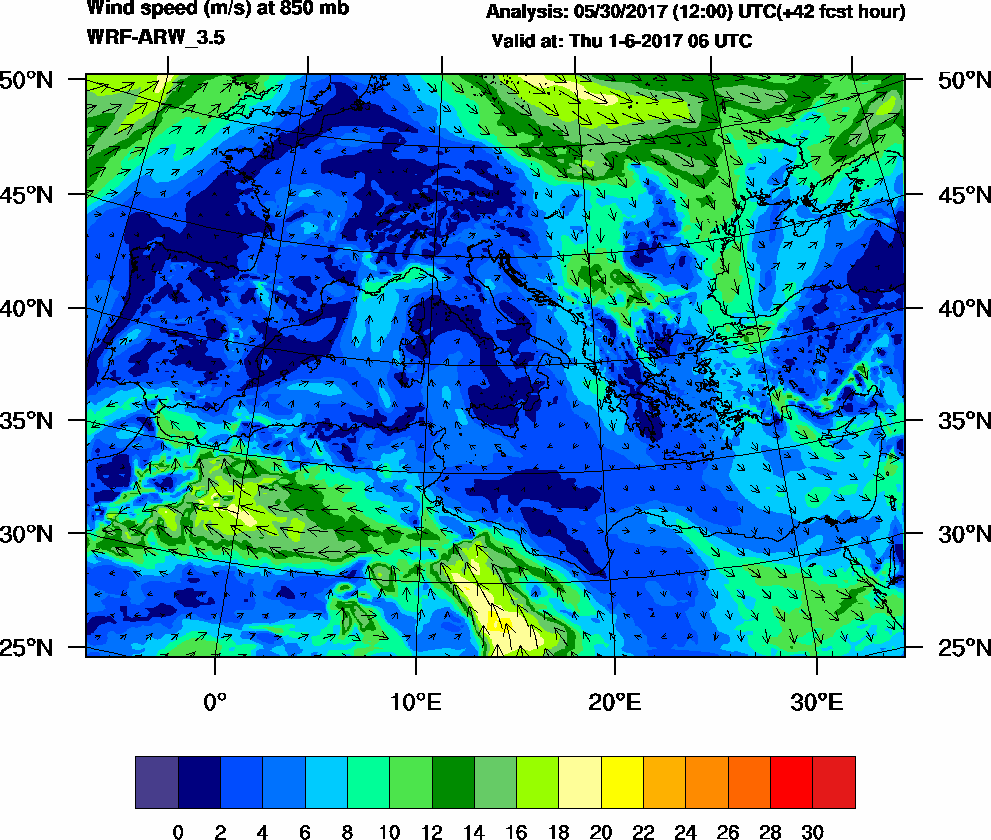 Wind speed (m/s) at 850 mb - 2017-06-01 06:00